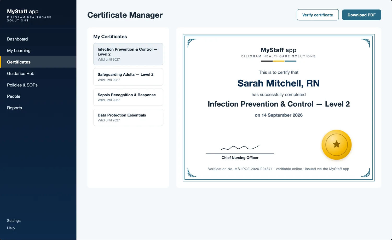 MyStaff Certificate Manager: a member of staff's training certificates with verification numbers, shown on a desktop monitor