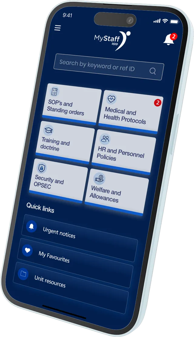 A MyStaff home screen configured for a defence-grade organisation: SOPs and standing orders, protocols, training and doctrine, HR and security policies