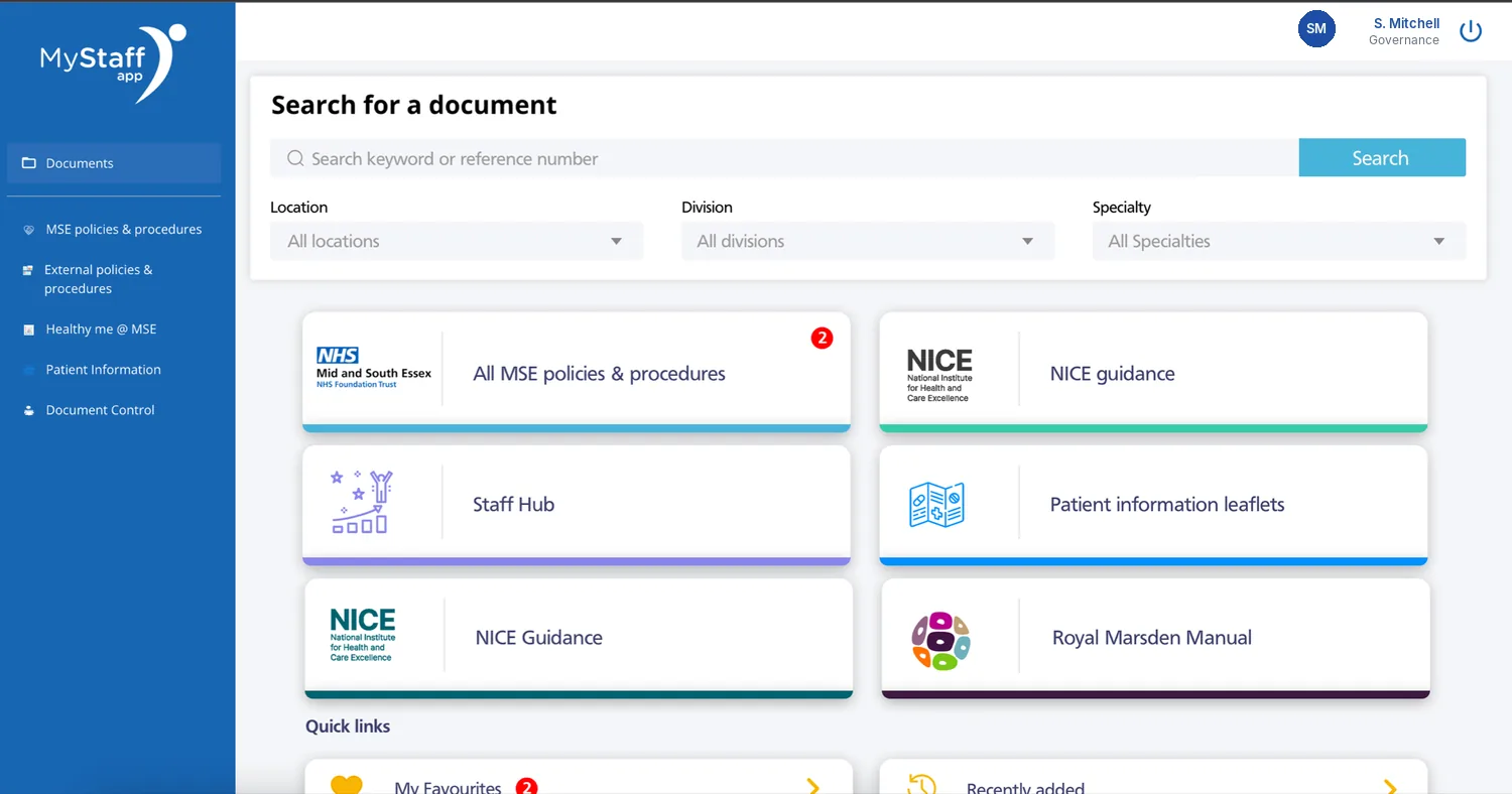 MyStaff on the desktop: search and document tiles including NICE guidance and the Royal Marsden Manual
